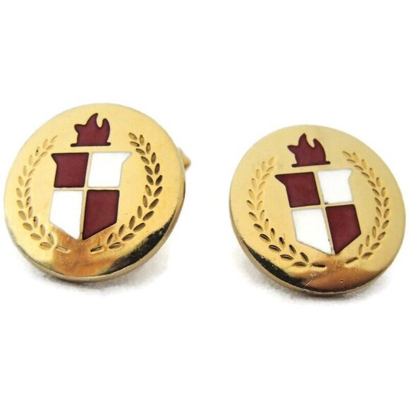 Red White Enamel Checkered Crest 1/20 12Kt Yellow Gold Filled Cufflinks Round - Picture 4 of 10